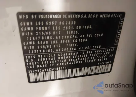 2019 Volkswagen Tiguan 2.0T Se/2.0T Sel/2.0T Sel R-Line/2.0T Sel R-Line Black from USA, damaged, VIN 3VV2B7AX8KM183351